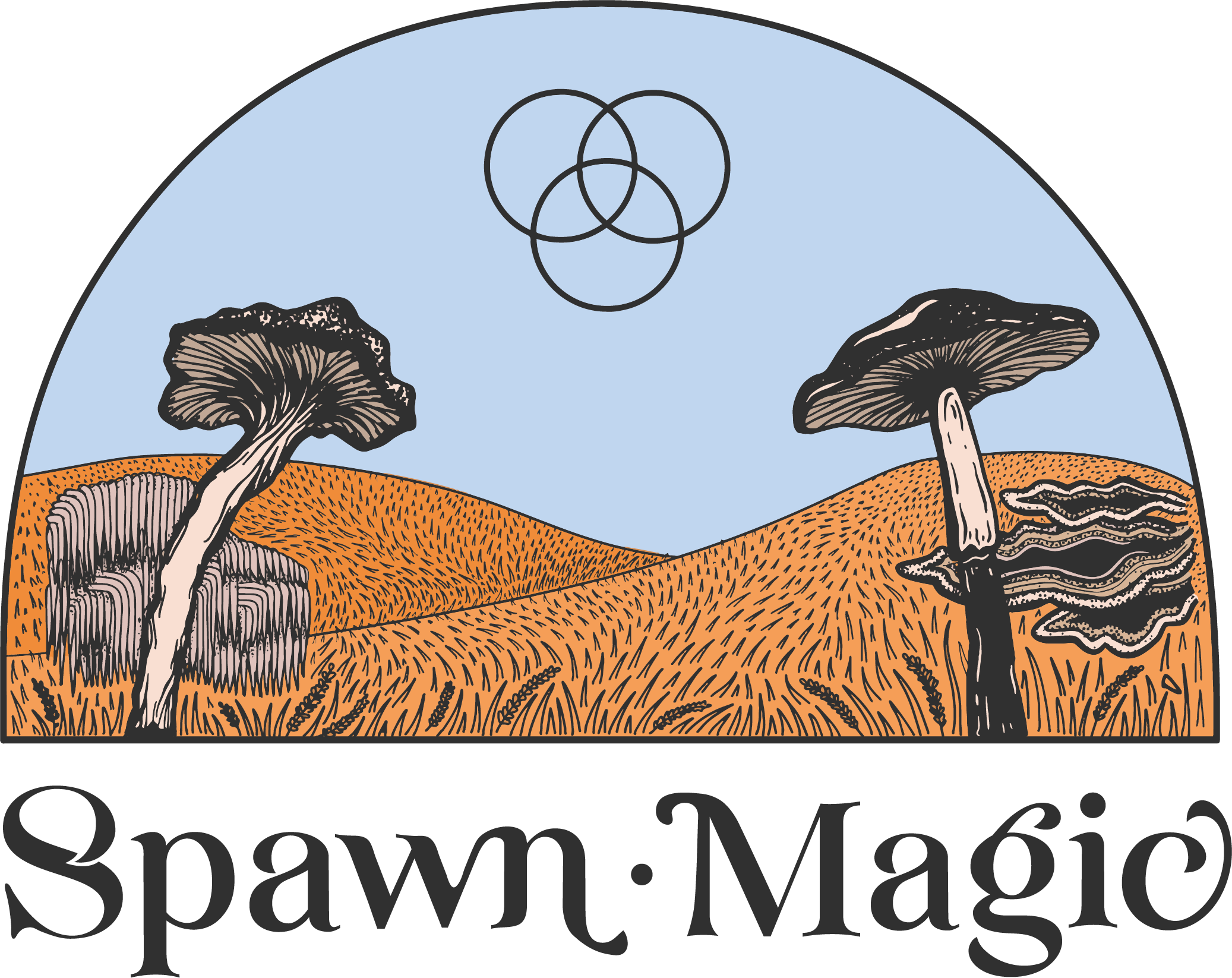 Spawn Magic full color logo with mushrooms on a hillside and a trifecta in the sky