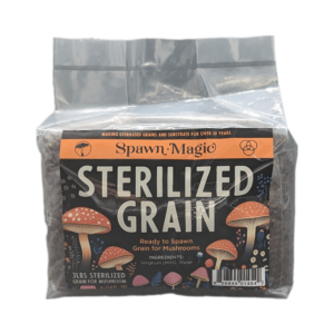 Front view of a 3-pound Spawn Magic Sterilized Grain bag, detailed label showing ingredients for mushroom cultivation.