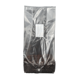 Tall standing transparent bag of 5 pounds Spawn Magic All-In-One Mix, clear view of substrate mix at the bottom, isolated on a neutral background.