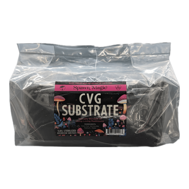 Front view of a 5-pound Spawn Magic CVG Substrate bag, featuring label with ingredients specifically blended for dung-loving mushrooms.