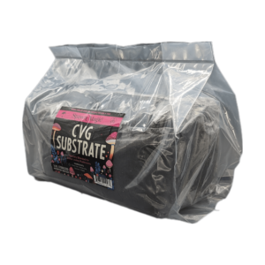 Angled view of a 5-pound Spawn Magic CVG Substrate bag, with visible dark substrate through the semi-transparent packaging.