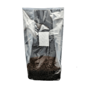 Tall standing bag of 5 pounds Spawn Magic CVG Substrate, clear front patch showing the soil-like substrate, isolated on a transparent background.
