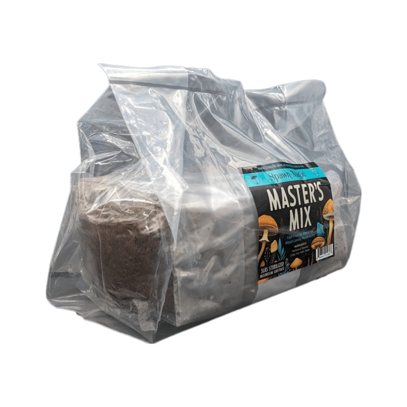 Angled view of a 5-pound Spawn Magic Master's Mix bag, showing the wood-based substrate mix through transparent packaging.
