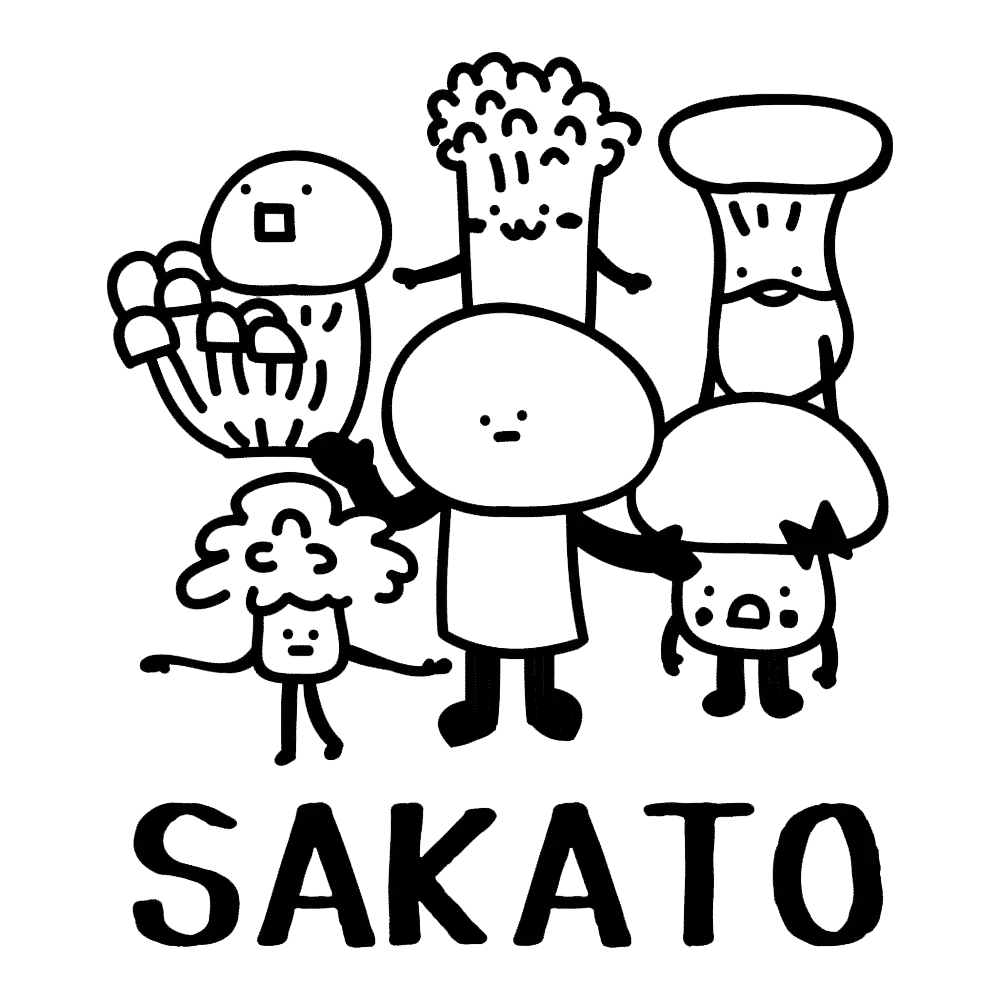 Sakato Logo with six types of mushroom people dancing