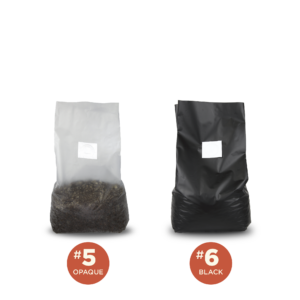 Sakato #5 opaque and #6 black polyethylene mushroom grow bags filled with substrate
