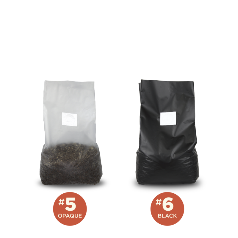 Sakato #5 opaque and #6 black polyethylene mushroom grow bags filled with substrate