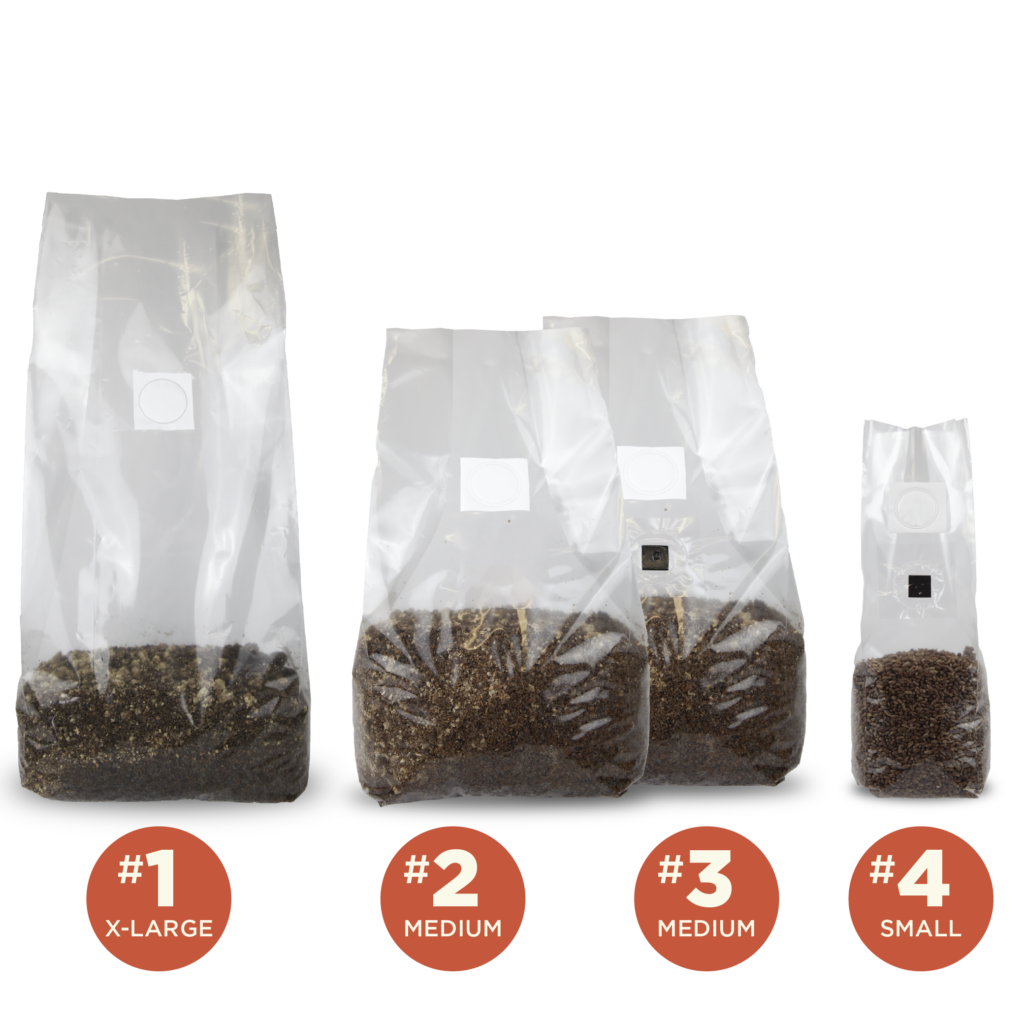 Sakato polypropylene mushroom grow bags filled with substrate in sizes X-large, medium, and small