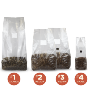 Sakato polypropylene mushroom grow bags filled with substrate in sizes X-large, medium, and small