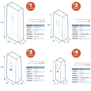 Technical dimensions and specifications for Sakato polypropylene mushroom grow bags in sizes X-large, medium, and small