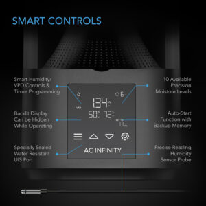 Close-up of AC Infinity Cloudforge humidifier smart control interface with VPD and humidity settings