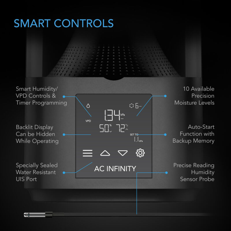 Close-up of AC Infinity Cloudforge humidifier smart control interface with VPD and humidity settings