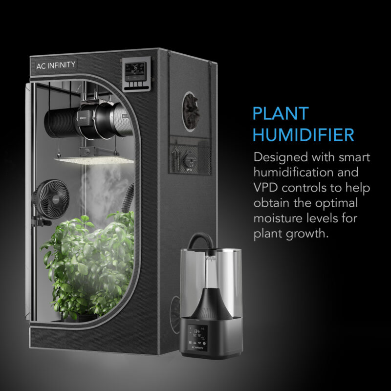 AC Infinity Cloudforge T3 humidifier in use inside a grow tent demonstrating optimal plant humidity control