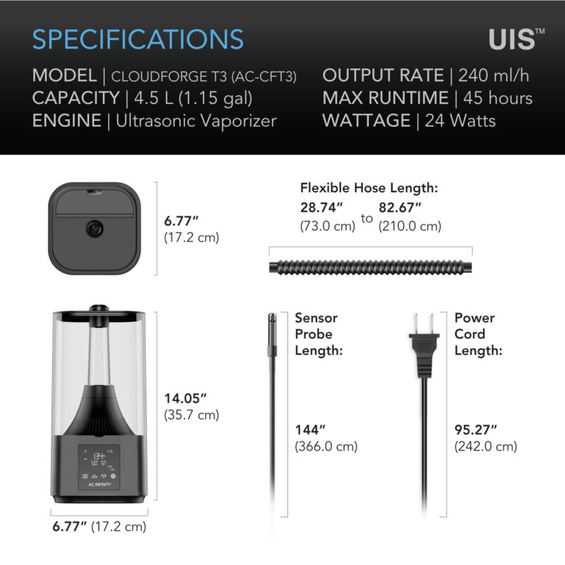 Detailed specifications of AC Infinity Cloudforge T3 humidifier showing capacity, output rate, and dimensions