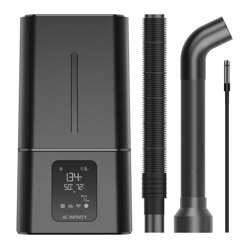 Product image of AC Infinity Cloudforge T7 humidifier showing main unit with accessories including flexible hose and sensor probe