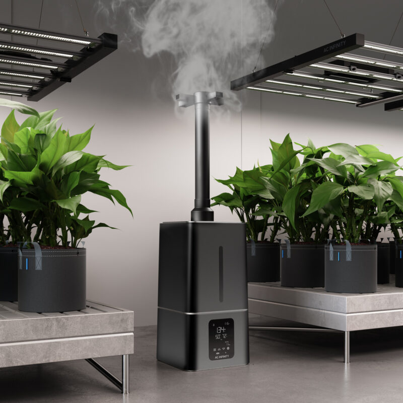 AC Infinity Cloudforge T7 humidifier operating in a greenhouse setting, enhancing humidity levels for plant growth