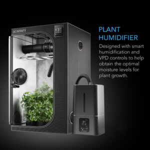 AC Infinity Cloudforge T7 humidifier shown inside a grow tent, controlling humidity levels for optimal plant growth