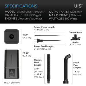 Detailed specifications of AC Infinity Cloudforge T7 humidifier with capacity, output rate, dimensions, and nozzle options