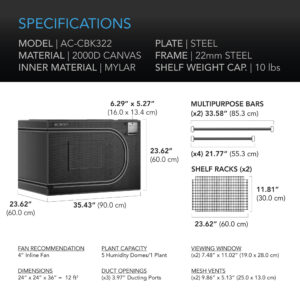 Detailed specifications of AC Infinity CloudLab Mini Grow Tent including dimensions, material, and recommended accessories