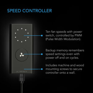 Close-up of the speed controller for AC Infinity Cloudline S4 fan featuring adjustable fan speeds and memory backup