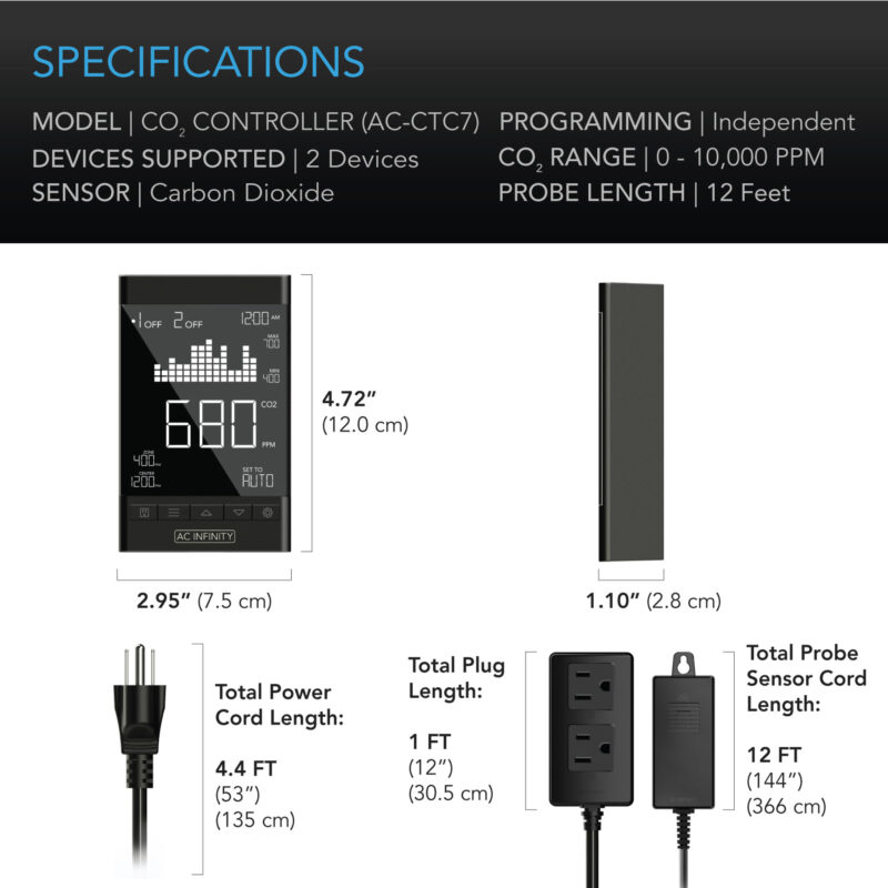 Detailed specifications of AC Infinity CO2 Controller with programming options and carbon dioxide range details