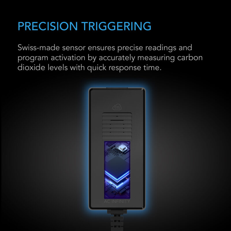 Highlight of the precision triggering feature of AC Infinity CO2 Controller with Swiss-made sensor for accurate CO2 measurement