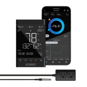 AC Infinity Controller 79 PRO alongside a smartphone showing real-time app control and monitoring