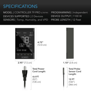 Detailed specifications of AC Infinity Controller 79 PRO listing supported devices, sensors, and programming features