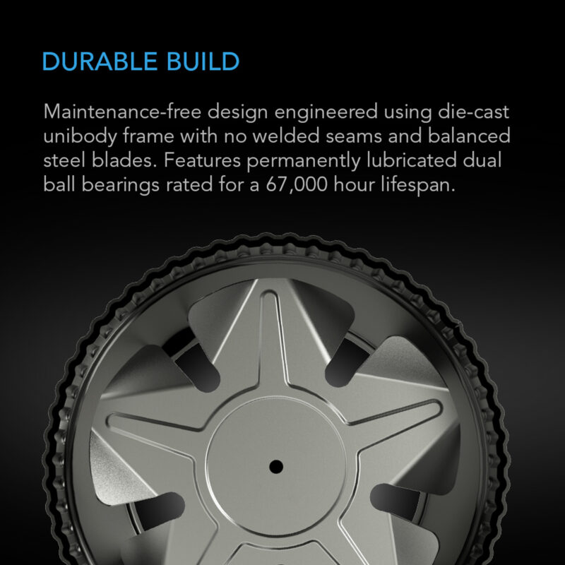 Close-up of AC Infinity Raxial S4 fan's durable unibody frame with no welded seams and balanced steel blades