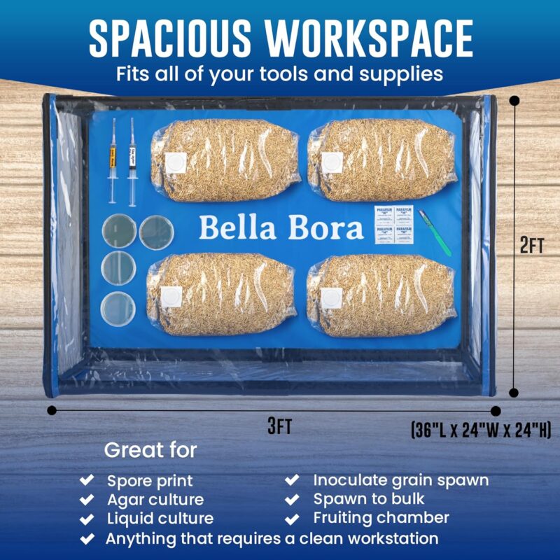 Bella Bora spacious clean workstation for mushroom cultivation, showing tools and bags of substrate