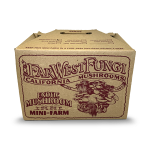 A cardboard box with red print reading "far west fungi california mushrooms - exotic mushroom mini farm"