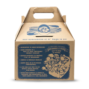 a Blue Cardboard box with text about the features of the shiitake mini farm grow kit from far west fungi.