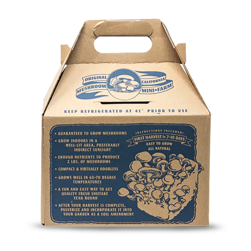 a Blue Cardboard box with text about the features of the shiitake mini farm grow kit from far west fungi.