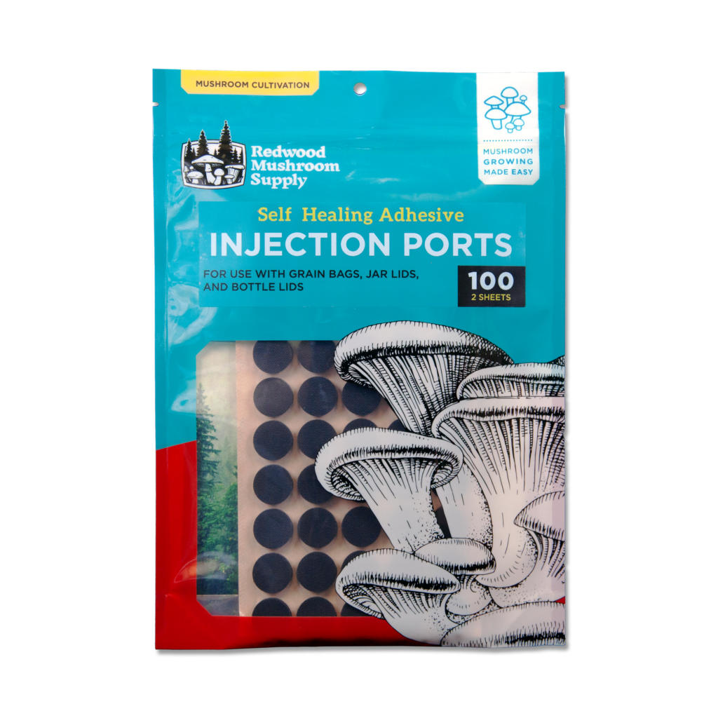 Two sheets of adhesive self-healing injection ports in Redwood Mushroom Supply retail ready packaging